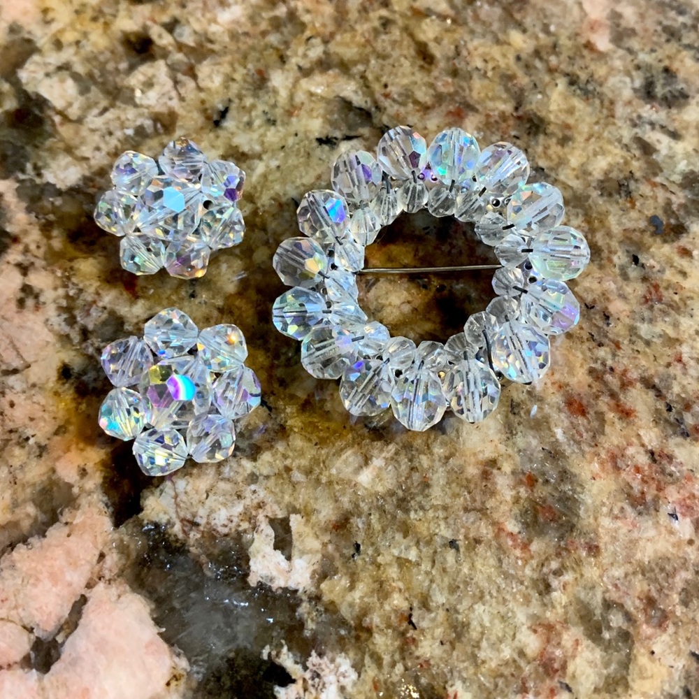 Vintage Aurora Borealis Brooch & Clip On Earring Set jewelry pin crystal